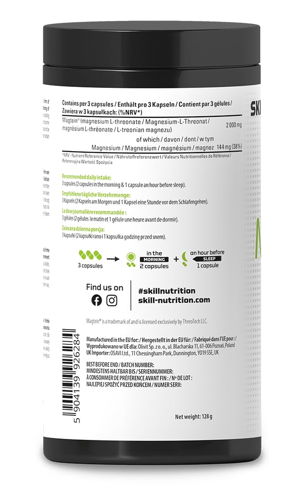 SKILL Nutrition Magtein® Magnez L-Treonian | 180 kapsułek | Klinicznie przebadana, wysoko biodostępna formuła | Wspiera koncentrację, pamięć i funkcje poznawcze | Mięśnie i elektrolity | Wegański