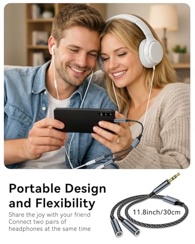 Kopfhörer Splitterkabel und Aux Adapter 40cm, Kopfhörer Adapter 3,5mm Stecker auf 2 Buchse Hifi Stereo Aux Splitter Kabel für iPhone, iPod, iPad, Kopfhörer,Laptop,Tablet,Smartphone,Samsung,Lautspreche