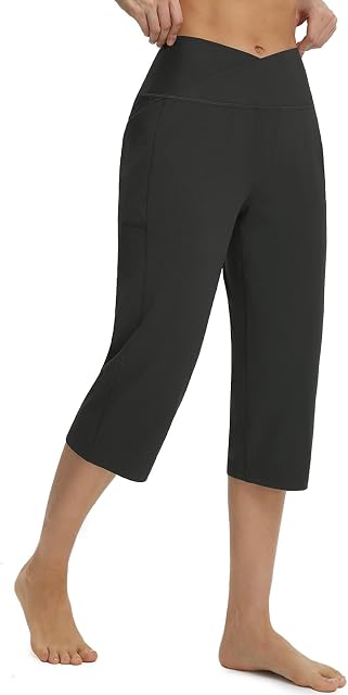 Baleaf Pantalons Capri pour femmes avec des poches Yoga haute taille Capri Leggings 18” Pantalon de travail de la jambe droite Casual été
