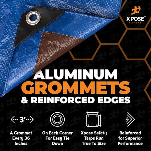 Image of Xpose Safety 40' x 60' Heavy Blue /Brown Tarp - Waterproof - 7 Mil Weatherproof Camping Tarp for Tent, Rain, Wind & Sun - Plastic Tarpaulin Cover Outdoor for Roof, Trailer, RV, Car, Boat