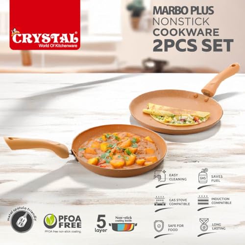 Image of Crystal Marbo Plus Induction Bottom 2 Pc Nonstick cookware Set | Tawa 250 mm + Fry Pan 225 mm | Thickness: 3mm | 5 Layer Coating | Metal Spoon Friendly | Colour - Sandalwood