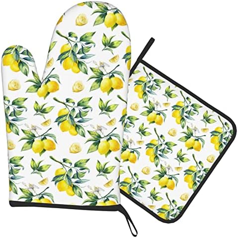 Oven Mitts and Pot Holders Sets, Heat Resistant Soft Non-Slip Kitchen Oven Gloves Pot Holder for Cooking Baking Grilling Microwave (Fruit Yellow Lemon Leaves, Oven Mitt & Pot Holder)