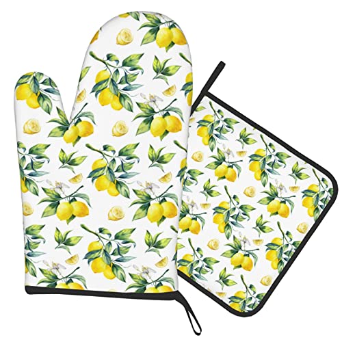 Oven Mitts And Pot Holders Sets, Heat Resistant Soft Non-Slip Kitchen Oven Gloves Pot Holder For Cooking Baking Grilling Microwave (Fruit Yellow Lemon Leaves, Oven Mitt & Pot Holder) #TOP5