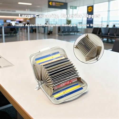 Image of Credit Card Wallets for Women, Leather Cardholder with Zipper Around, Small RFID Ladies Wallet, Accordion Compact Bifold Purse for Travel, 19 Card Slots, ID Window, Cash Organizer - White