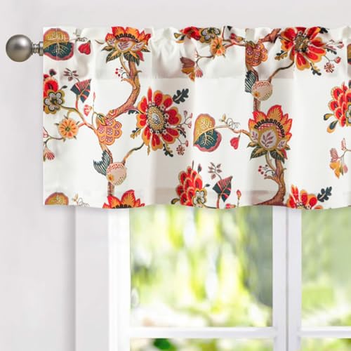 Leeva Farmhouse Floral Linen Valances for Kitchen Windows - Light Filtering Short Curtain with Rod Pocket, Rustic Decorative Valance for Cafe & Living Room, 52x12 Inches