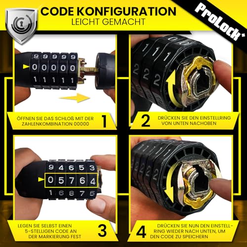Dunlop Fahrradschloss Zahlenschloss Fahrrad Schloss - Hohe Sicherheit Level 8-100 cm Fahrräder Schloß mit 5er Zahlencode - Kette für E Bike Scooter ebike Zahlen Fahrradschloß Pro Lock, Schwarz