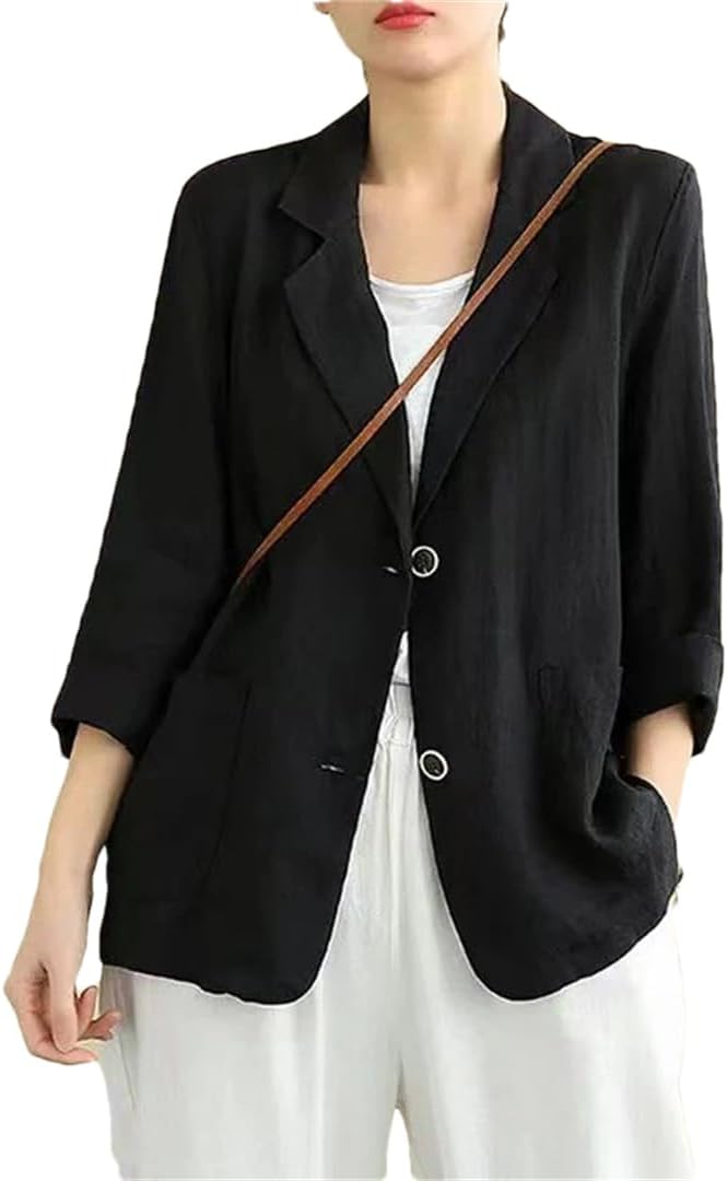 Women's Notched Cotton Linen Loose Casual Blazers Long Sleeve Solid Cardigan Suit Jacket