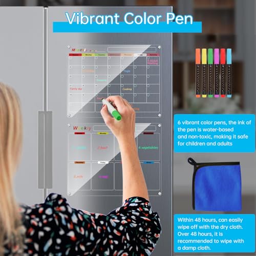 Bysameyee Kühlschrankkalender, Mahlzeitenplanungstafel, trocken abwischbar, Acryl, magnetisch, Monats- und Wochenkalender, Planer mit 6 Farbmarkern