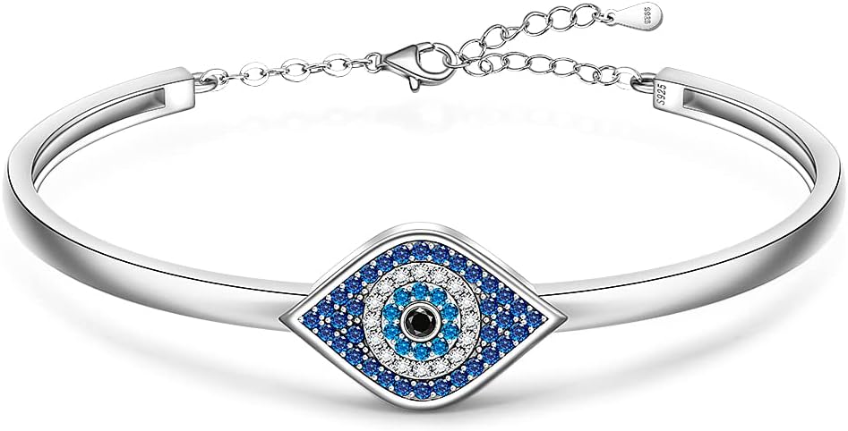 Fenthring Evil Eye Bracelet for Women Evil Eye Bangles Bracelets Sterling Silver 925 Blue Eyes Lucky Protection Spiritual Turkish Third Eyes Gifts