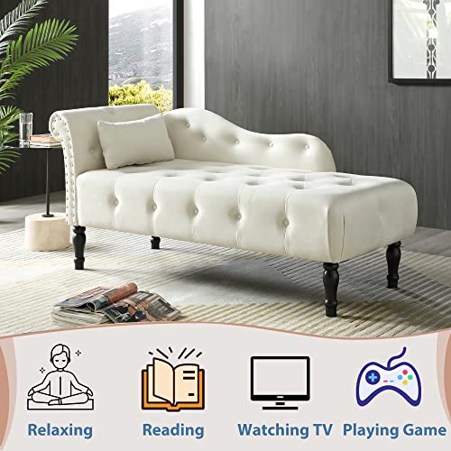 Homtique Chaise Lounge Indoor Velvet Button Tufted With Pillow, Nailhead Decorate Rolled Arm Chaise Lounge For Bedroom Living Room (White) #TOP3