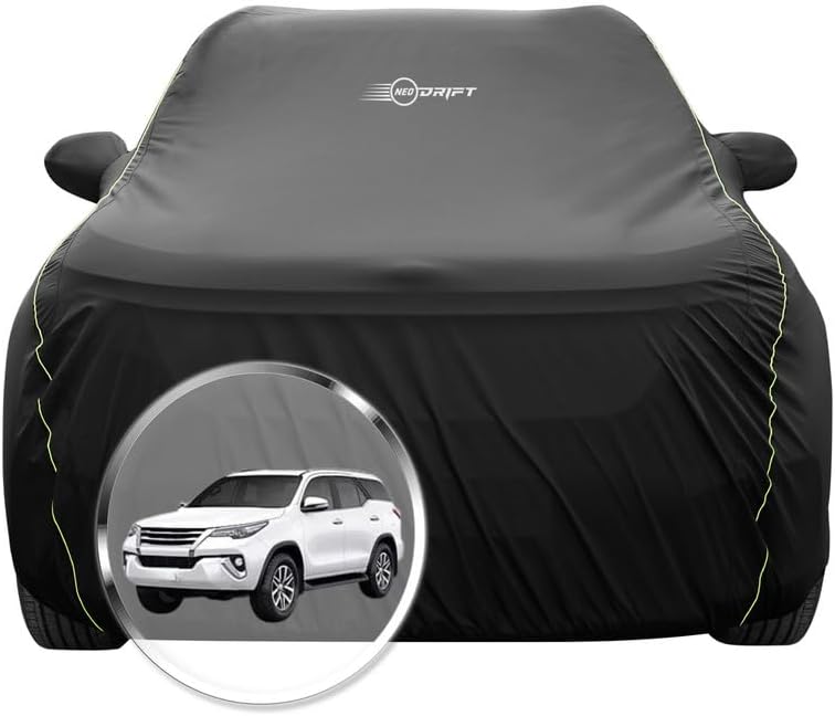 NEODRIFT 'NeoTech' Car Cover for Toyota Fortuner (Without Fender Mirror) (100% Water-Resistant, All Weather Protection, Tailored Fit, Multi-Layered & Breathable Fabric) (Colour: Black)