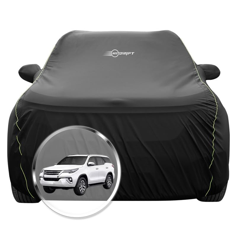 NEODRIFT 'NeoTech' Car Cover for Toyota Fortuner (Without Fender Mirror) (100% Water-Resistant, All Weather Protection, Tailored Fit, Multi-Layered & Breathable Fabric) (Colour: Black)