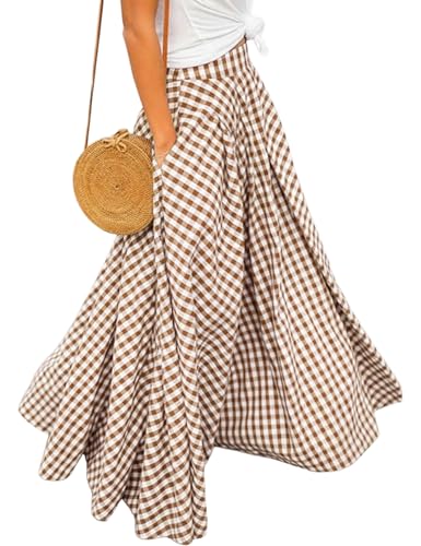 Mansy Summer Boho Gingham Maxi Skirt Elastic High Waist Pleated Plaid Casual Long Skirts for Women Vacation Brown-S