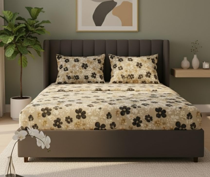 Image of 250 TC Premium 7D Printed Cotton Feel Elastic Fitted Double King Size Bedsheet with 2 Pillow Covers |78 inch x 72 inch| Fits up to 6-Inch Mattress |7D Black