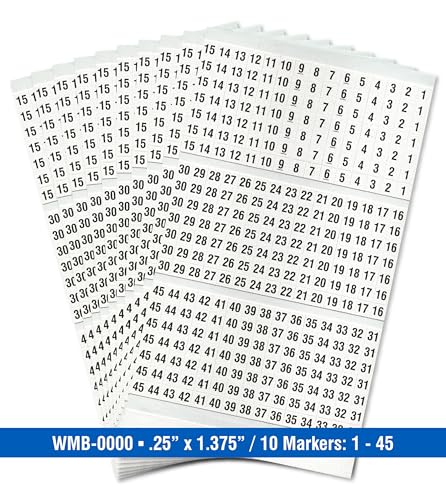 Premium Wire Marker Book for Cable Management, Vinyl-Coated, High-Tack Adhesive, Electric Panel Wire Label Stickers - 10 Pages, 1 Book, Numbered 1-45 (Pack of 1)