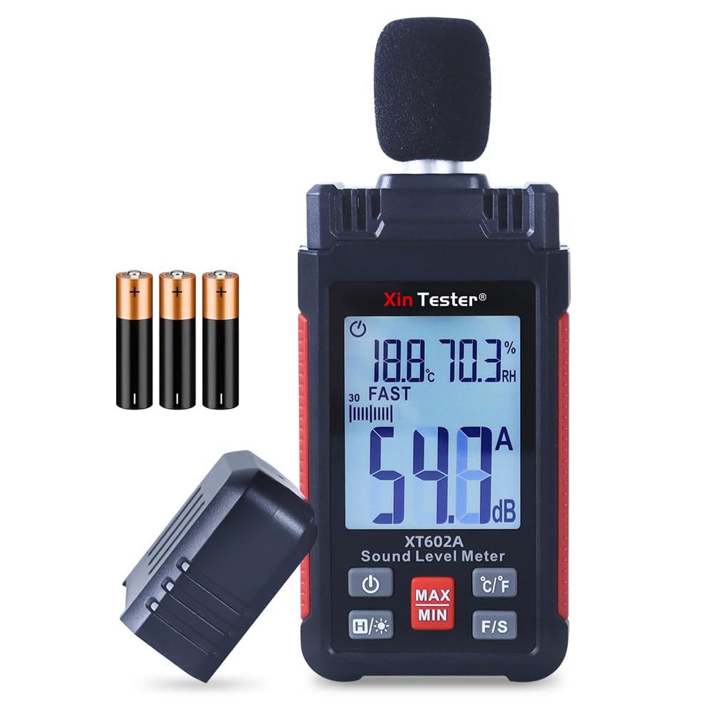 Xin Tester Sound Decibel Meter, Digital Sound Level Temperature Humidity dB Reader Handheld Noise SPL Meter Detector Nuisance Recorder 30-130dB MAX/MIN Data Hold for Home Office Factory