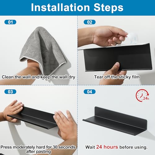 SAYAYO Wandregal Ohne Bohren Schwarz 2 Stück Regal Schwarz 20cm Schweberegal Selbstklebend Regale für Wände für Wohnzimmer, Schlafzimmer, Küche