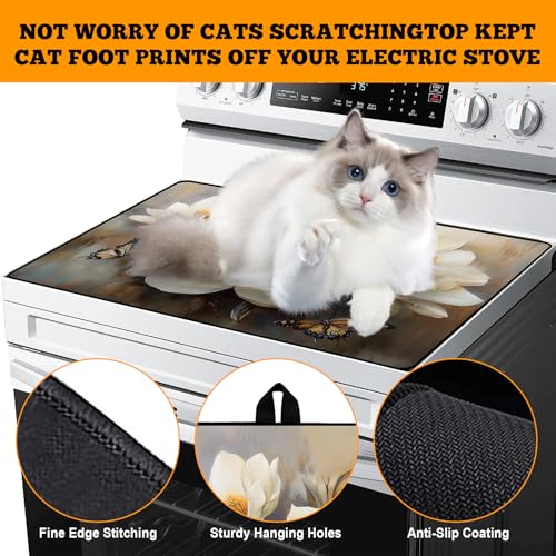 Image of Multi-Design Stove Top Cover for Glass /Electric Stoves - 3-in-1 Heat-Resistant Protector Mat, Non-Slip Drying Rack 28 inchx20 inch (Flower-Butterfly, 28 inch L x 20 inch W)