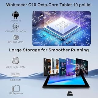 Whitedeer Tablet 10 pollici Android 15 Octa-Core, Face ID, OTG, 20GB+64GB+1TB Espansione, 1280 * 800 IPS, Split-Screen, WiFi 6, BT5.3, Doppia Fotocamera 5MP+8MP, 5000mAh, Widevine L1 (Nero)