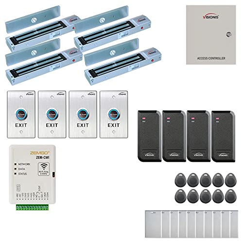 Zemgo FPC-8478 Smart Mobile WiFi Controller 4 Door Access Control System, Android + Apple App, Web Browser + Smartphone Remote Viewing, Outswing Door 600lbs Maglock, Outdoor Reader, Panel + Software