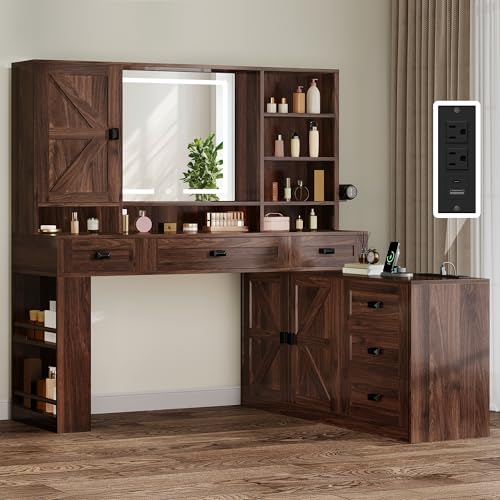 DWVO L Makeup Vanity Desk with Mirror and Lights, Farmhouse Big Lighted Vanity Table Set with 6 Drawers and Cabinet Shelves, 360° Rotation Large Dressing Table for Bedroom, Brown
