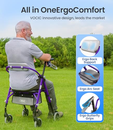 Image of VOCIC Z11 Rollator Walker for Seniors with Seat, 380 LBS | Lightweight Design with Ergo Seat & Backrest, Height Adjustable & Easily Foldable for Seniors' Mobility, Blue