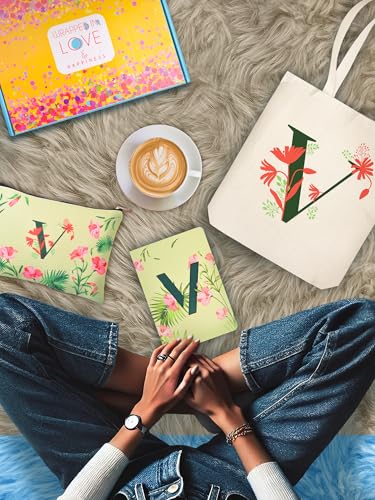 Image of DOODLE Monogram V Diary Gift Set with Tote Bag and Pouch | B6 Soft Bound Ruled Notebook | Stationery Gift Set for Women