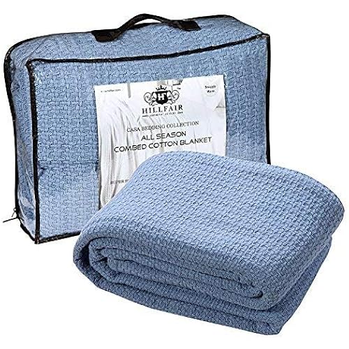 HILLFAIR 100% Soft Premium Combed Cotton Twin Bed Blanket - Blue - 66"x90" - Modern Style - All Ages - All Seasons - Warm - Machine Washable