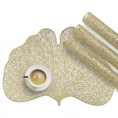 Image of Kuber Industries 4 Pcs Set Leather Side Table Mats | Washable Placemat /Dining Table Mat for Wedding and Family Functions | Butterfly Design - Golden