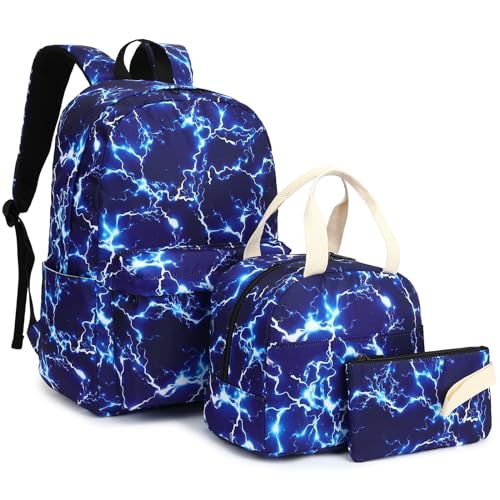Boys Backpack for School, Kids Elementary School Bag Teens Middle Bookbag Set with Lunch Box Pencil Case (Lightning)