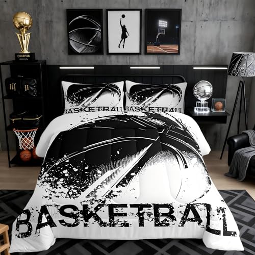 Basketball Comforter Set Queen for Boys Kids Sports Games Room Decor Black White Watercolor Comforter Aldults Bedroom Tie-dye Bedding Set 1 Comforter with 2 Pillow Cases,Lightweight Warm Soft