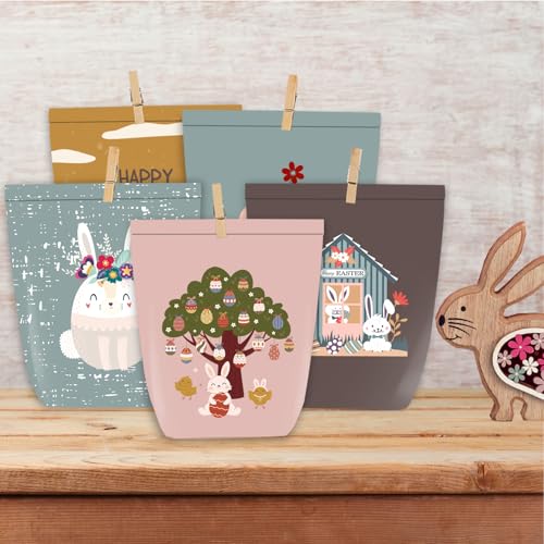 PANSIBY Geschenktüten Ostern, Osterhasen Tüten zum Verzieren und Befüllen, 12 DIY Blau Rosa Gelb Bedruckte Ostertüten mit Holzklammern