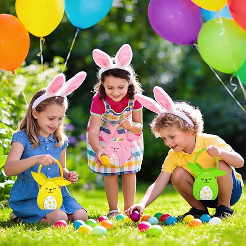 3er Set Osterkörbchen aus Filz mit Hasenohren, Osterkorb Kinder mit Henkel, Osternest zum Befüllen, Ostertasche für Ostereier, Osterdeko Geschenktüte für Kinder, Ostern Geschenkbeutel - Bunt