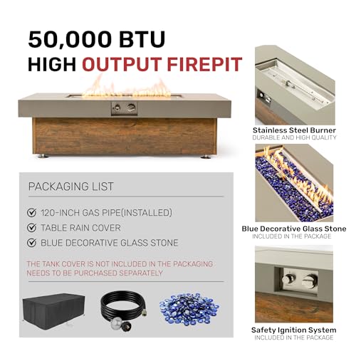 NIGOME 48\" Propane Fire Pit,Outdoor Gas Fire Pit Table with Rain Cover,Rectangular Heater for Patio, Backyard, Deck,50,000BTU Outdoor Modern Patio Fire Pit. (Retro Wood, 48\" x 23.6\")