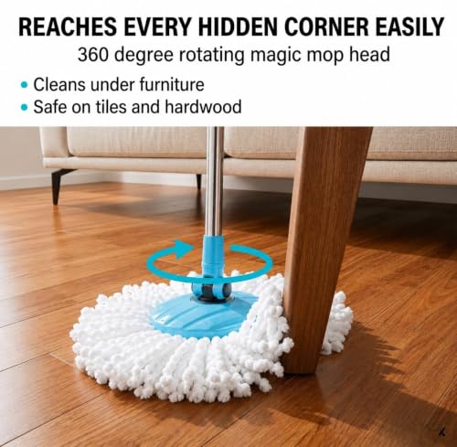 Image of Spin Mop Bucket Set with Stainless Steel Wringer, 360 Rotating Microfiber Mop Head, Adjustable Telescopic Handle, Floor Cleaning System for Home, Kitchen, Bathroom & Office (Plastic Blue)