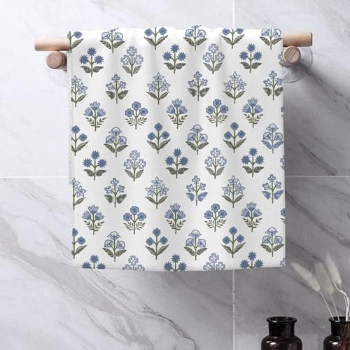 Image of Blue Sage Green Block Print Spring Floral Kitchen Towels Vintage Flower Dish Towels, 16x24 Inch Farmhouse Summer Holiday Decoration Absorbent Hand Towels for Kitchen Drying Decor Set of 2