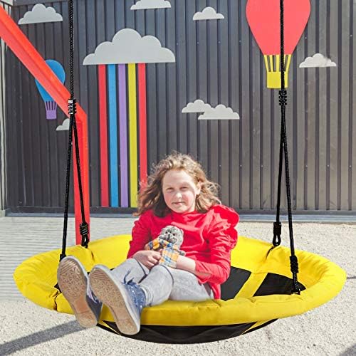 COSTWAY Saucer Nest Swing, 100cm Round Disc Tree Swing Seat with Heights Adjustable Rope, Kids Swing Set for Indoor Garden Playground