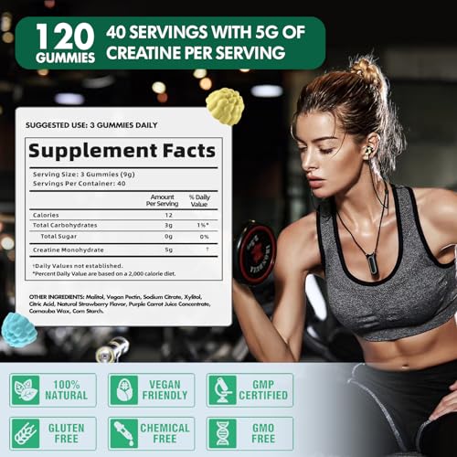 creatine monohydrate gummies or men amp women creatine monohydrate for muscle strength muscle builder energy boost pre-workout supplement120 count-blueberry pineapple flavor