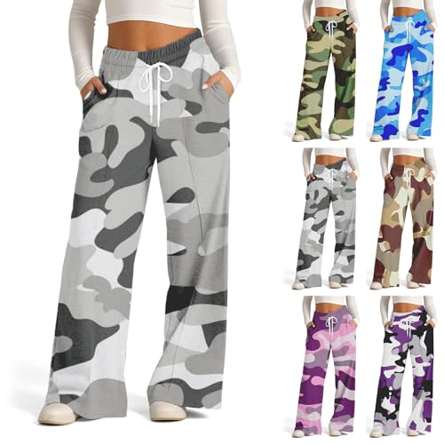 Camouflage Pants for Women Baggy High Elastic Waist Drawstring Wide Leg Sweatpants Loose Colorful Hiking Exercise Jogger Pants with Pockets Comfy Workout Sweatpants Western Clothes