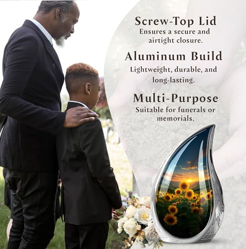 Image of Teardrop Sunflower Urns for Human Ashes - Cremation Urns for Adult Ashes Women - Sunset Sunflower Urn for Human Adult Male and Female - Funeral Urn Large for Handmade 10inch