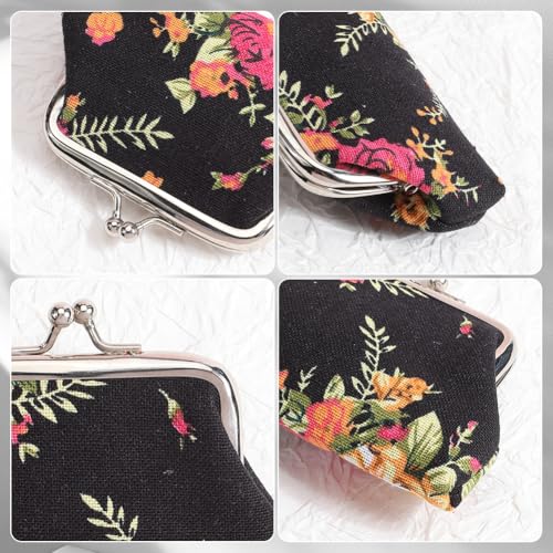 CREATCABIN Canvas Rose Kiss Lock Wallet Vintage Trinkets Purse Ladies Change Pocket Iron Frame Compact Hand-held Wallet for Credit Card Keys Headset Storage Christmas Valentine's Day Gift 4x3.3x0.3in4