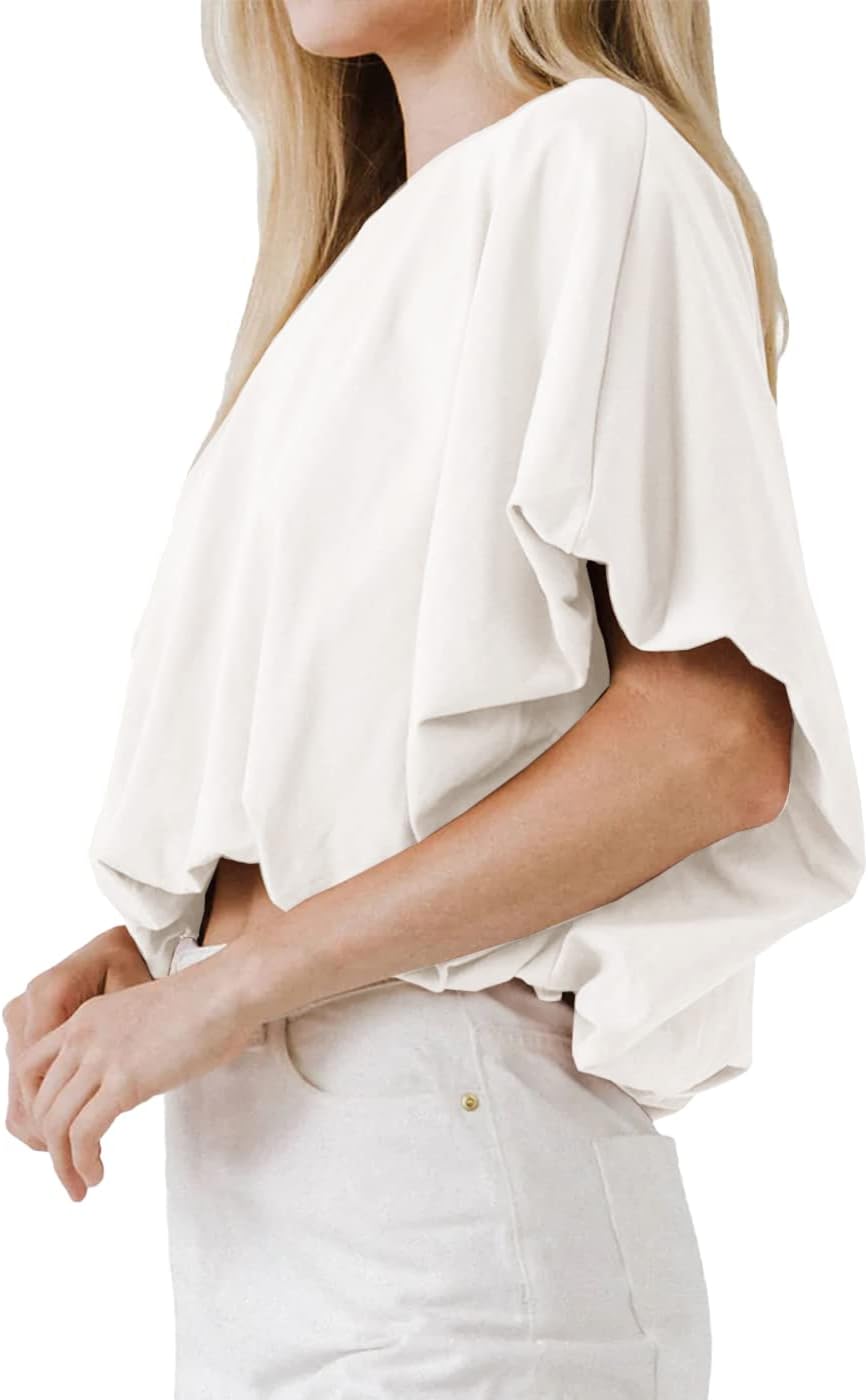 Womens Summer Crewneck Crop Tops Short Sleeve Casual Loose Cropped T Shirts - Image 2