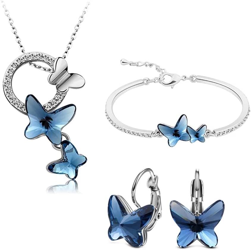 Shining Diva Valentine Gift Girlfriend Wife Italian Designer Platinum Plated Crystal Butterfly Earrings Chain Pendant Necklace Combo Jewellery Set for Women and Girls (Blue) (14603s)