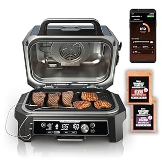 Ninja OG951 Woodfire Pro Connect Premium XL Outdoor Grill & Smoker, Bluetooth, App Enabled, 7-in-1 Master Grill, BBQ Smoker, Outdoor Air Fryer, Woodfire Technology, 2 Built-In Thermometers, Black/Blue