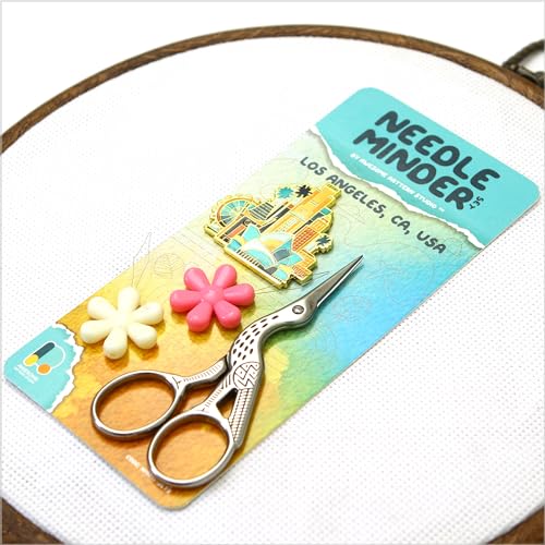 Image of Awesome Pattern Studio Needle Minder Set - Los Angeles Magnetic Needle Minder + 2 Needle Threaders + Crane Scissors. Enamel Pin for Cross Stitch, Embroidery and Craft