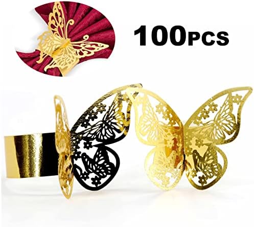 Napkin Rings, 100 Pcs Handmade Butterfly Foil Paper Shiny Napkin Holder for Christmas, Thanksgiving, Halloween, Wedding Party, Birthday, Family Dinner, Restaurant Serviette Table Decoration
