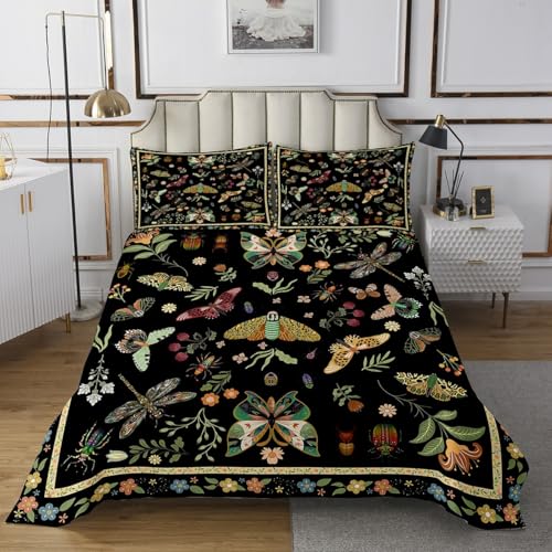 Homemissing Floral Tagesdecke 170x210cm Jungen Mädchen Vinatge Botanischer Schmetterling Schwarz Steppdecke Für Kinder Retro Boho Blumen Wohndecke Blüte Dragonfly Grün Zimmer Dekor