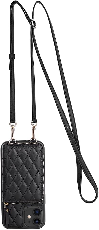 LAMEEKU Wallet Case Designed for iPhone 12 Pro, iPhone 12 Case Wallet Card Holder Case with Crossbody Strap Leather Handbag Case for Women Protective Case Compatible with iPhone 12/12 Pro 6.1''-Black