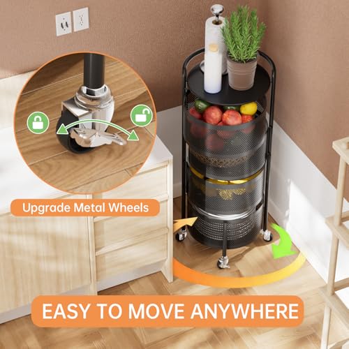Image of JAQ Rotating Kitchen Storage Rack No Assembly, 4-Tier Metal Storage Tower Basket Shelves Organizer on Rolling Wheels with Removal Drawers for Fruit Vegetable Grocery (4-Tier, Black, Corner Shelf)