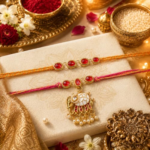 Image of CraftVatika Rakhi Set for Brother and Bhabhi, Premium Bhaiya Bhabhi Rakhi Set, Rakhis for Rakshabandhan, Elephant Design Lumba Rakhi for Bhabhi, Fridge Magnet Gift with Best Wishes Card and Tillak Set